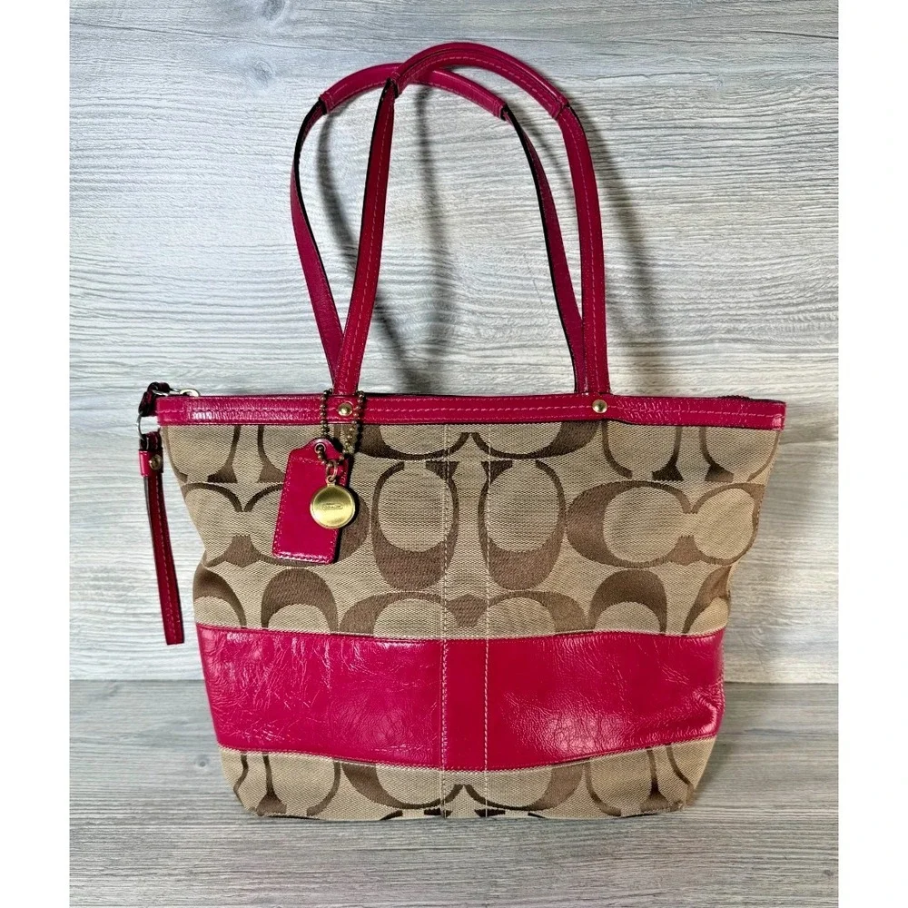 Coach Signature Stripe Canvas Leather Tote Handbag No#CO868-2429 Khaki Pink Y2K - Picture 1 of 11